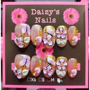 Large Size Press-on Nail 10Pc Set Handmade Oval Purple 3D Flower 2.0 Cm Length